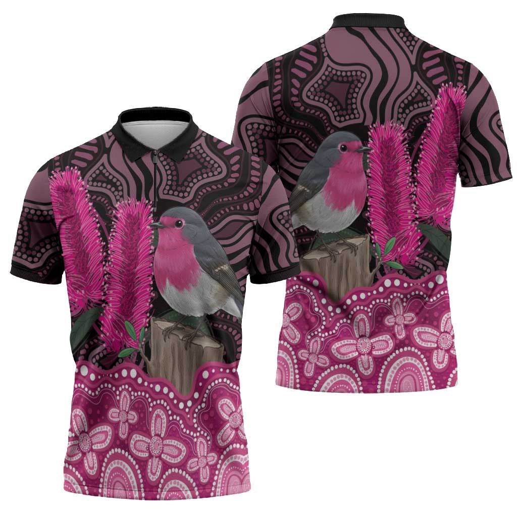 Australia Indigenous Zipper Polo Shirt Breast Cancer Pink Robin Bottlebrush Aboriginal Art - Aussie Hoodie