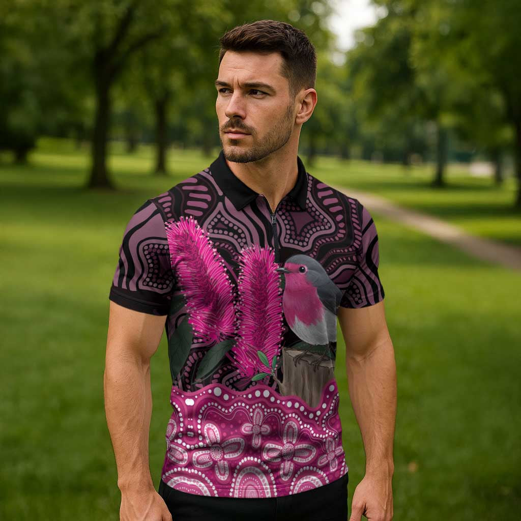 Australia Indigenous Zipper Polo Shirt Breast Cancer Pink Robin Bottlebrush Aboriginal Art - Aussie Hoodie