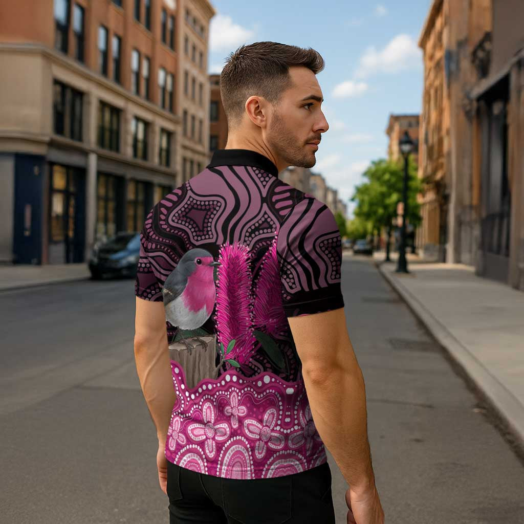 Australia Indigenous Zipper Polo Shirt Breast Cancer Pink Robin Bottlebrush Aboriginal Art - Aussie Hoodie
