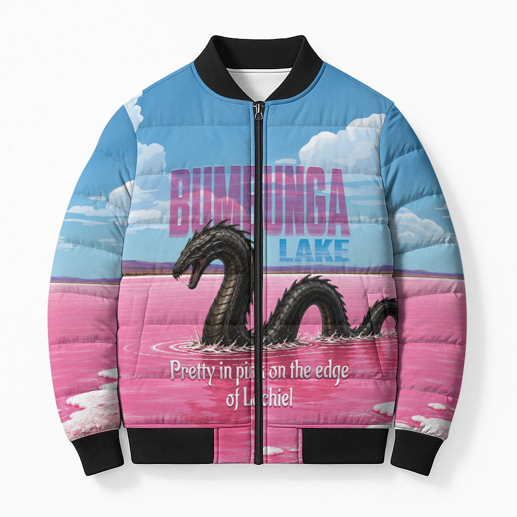 Personalised Bumbunga Lake Australia Bomber Puffer Jacket Pink Salt Lake Loch-eel Monster