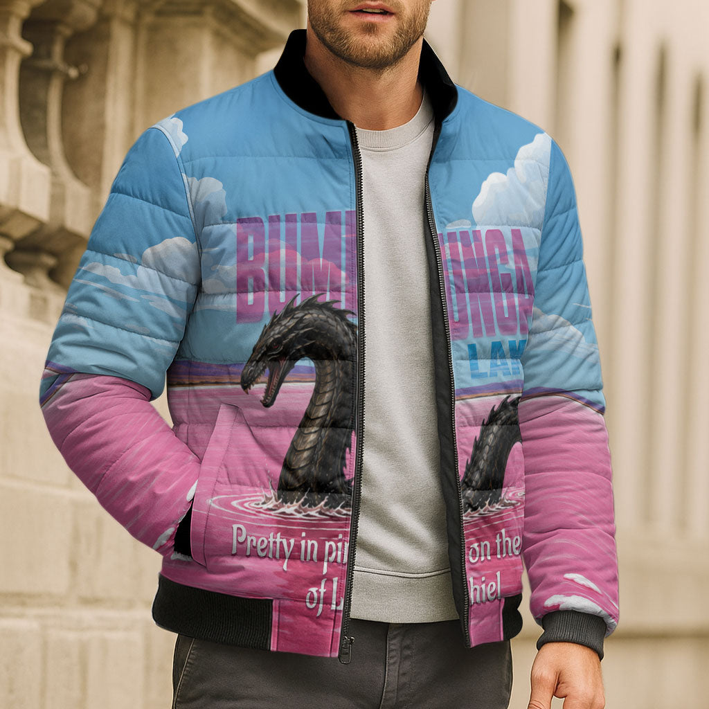 Personalised Bumbunga Lake Australia Bomber Puffer Jacket Pink Salt Lake Loch-eel Monster