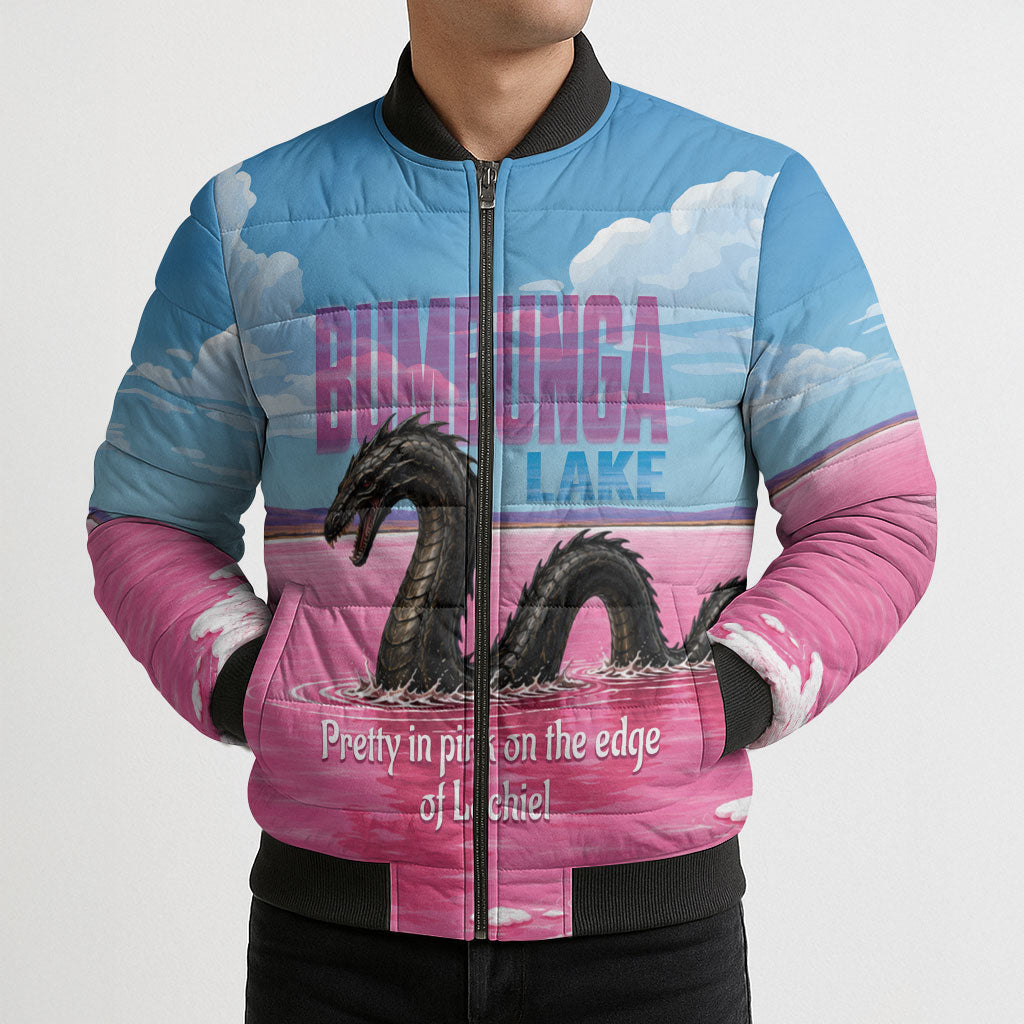 Personalised Bumbunga Lake Australia Bomber Puffer Jacket Pink Salt Lake Loch-eel Monster