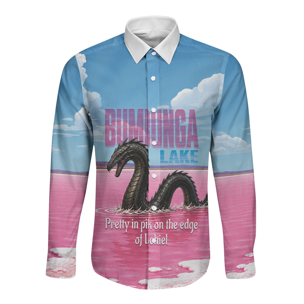 Personalised Bumbunga Lake Australia Long Sleeve Button Shirt Pink Salt Lake Loch-eel Monster