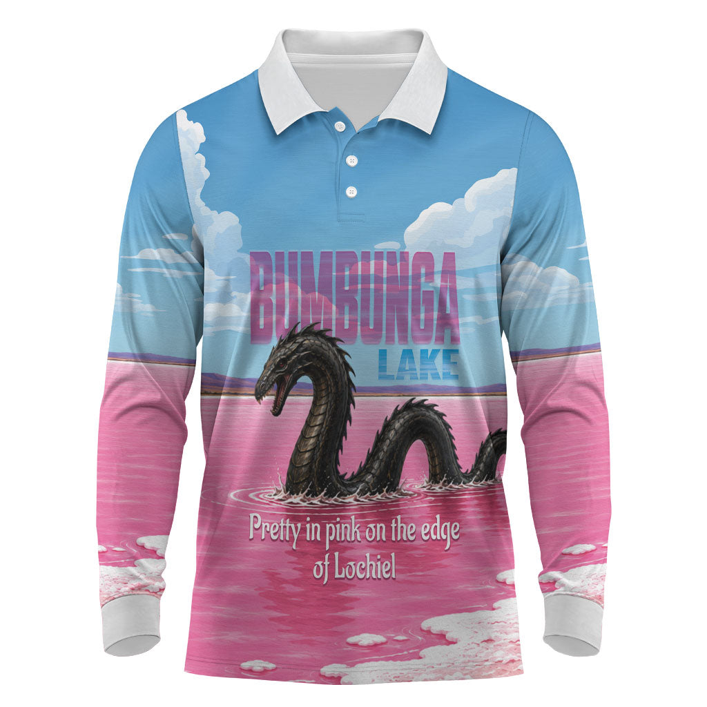Personalised Bumbunga Lake Australia Long Sleeve Polo Shirt Pink Salt Lake Loch-eel Monster