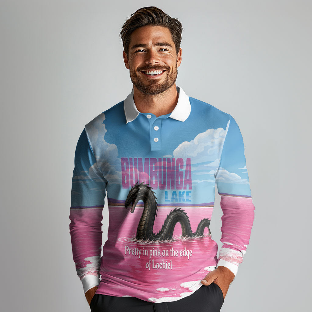 Personalised Bumbunga Lake Australia Long Sleeve Polo Shirt Pink Salt Lake Loch-eel Monster