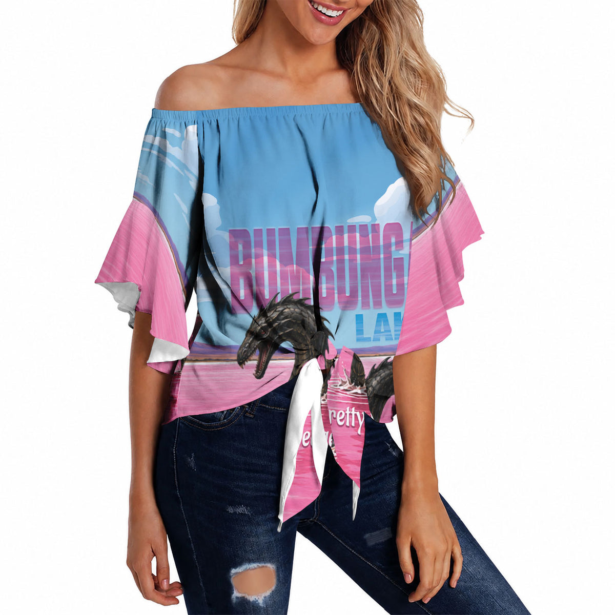 Personalised Bumbunga Lake Australia Off Shoulder Wrap Waist Top Pink Salt Lake Loch-eel Monster