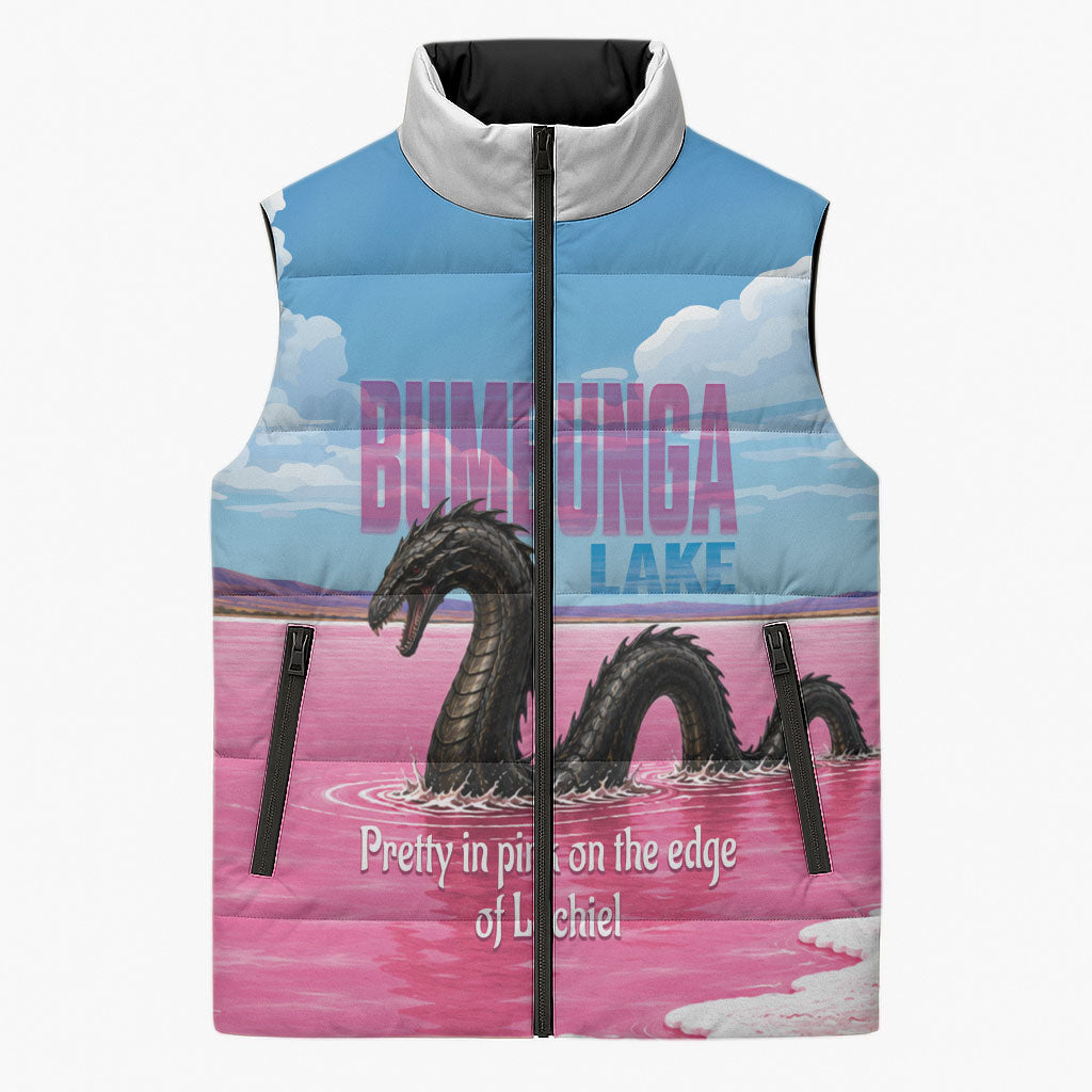 Personalised Bumbunga Lake Australia Sleeveless Puffer Jacket Pink Salt Lake Loch-eel Monster