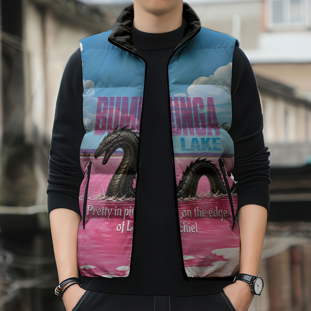 Personalised Bumbunga Lake Australia Sleeveless Puffer Jacket Pink Salt Lake Loch-eel Monster