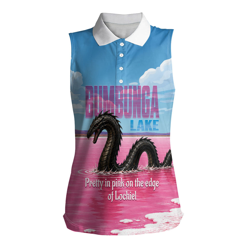Personalised Bumbunga Lake Australia Women Sleeveless Polo Shirt Pink Salt Lake Loch-eel Monster