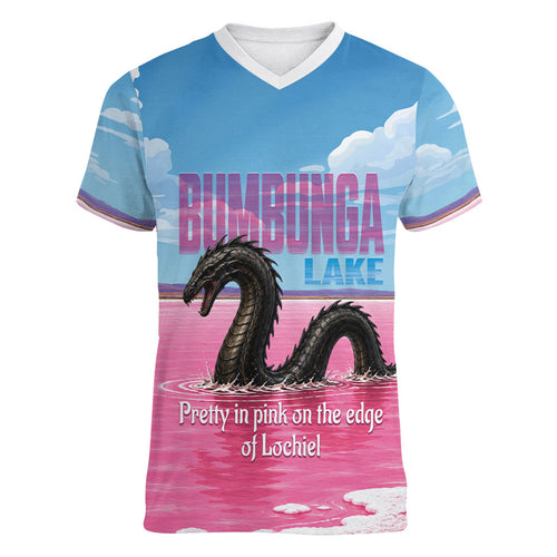 Personalised Bumbunga Lake Australia Women V-Neck T-Shirt Pink Salt Lake Loch-eel Monster