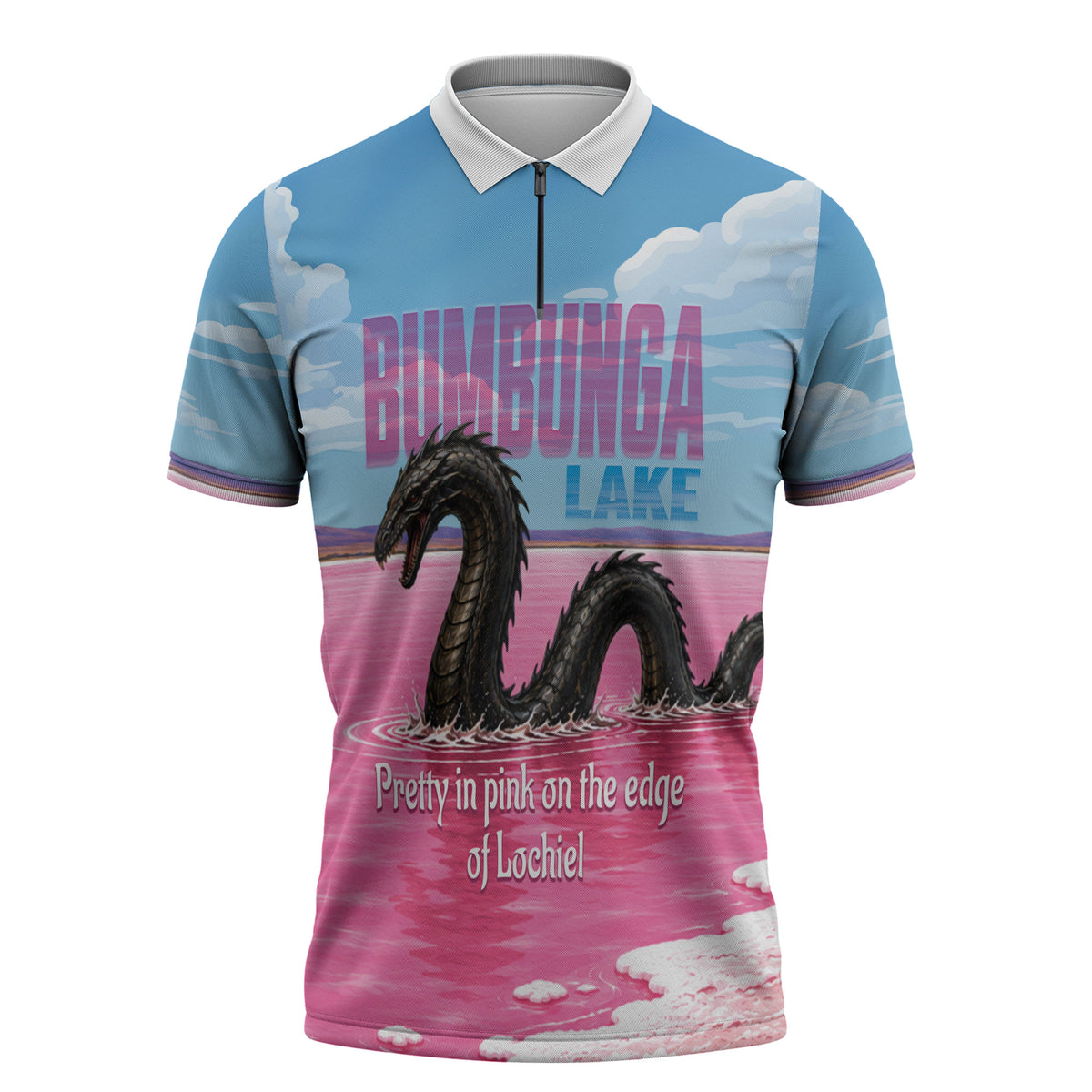 Personalised Bumbunga Lake Australia Zipper Polo Shirt Pink Salt Lake Loch-eel Monster