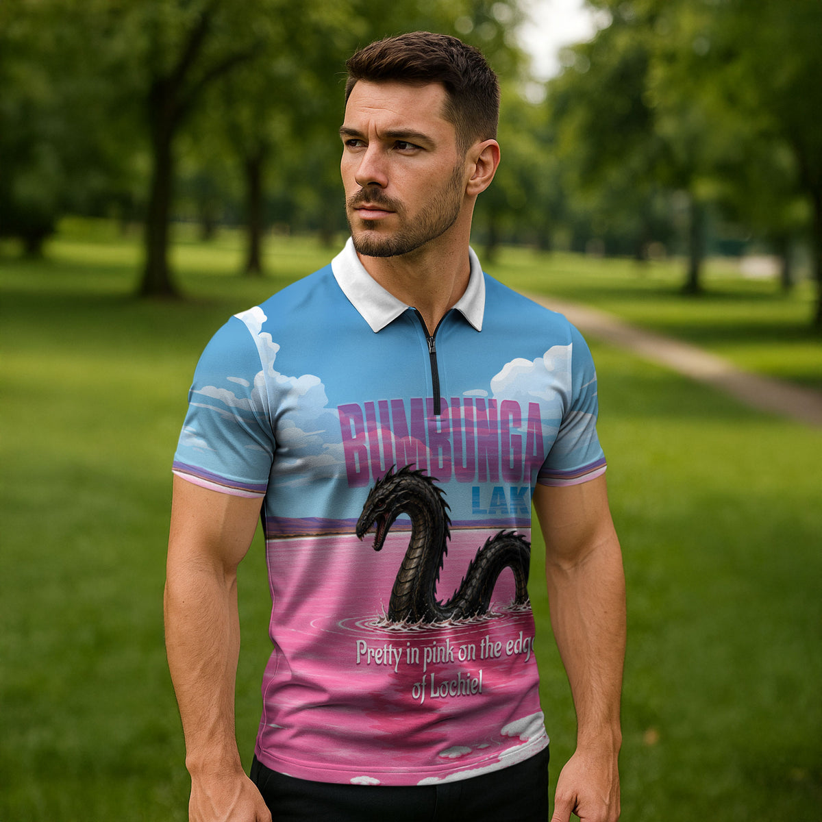 Personalised Bumbunga Lake Australia Zipper Polo Shirt Pink Salt Lake Loch-eel Monster