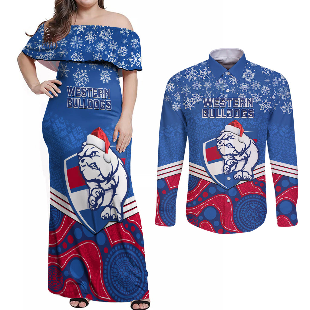 custom-bulldogs-football-christmas-couples-matching-off-shoulder-maxi-dress-and-long-sleeve-button-shirt-merry-xmas-2023-mix-aboriginal-art