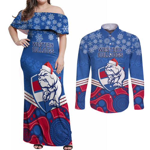 custom-bulldogs-football-christmas-couples-matching-off-shoulder-maxi-dress-and-long-sleeve-button-shirt-merry-xmas-2023-mix-aboriginal-art