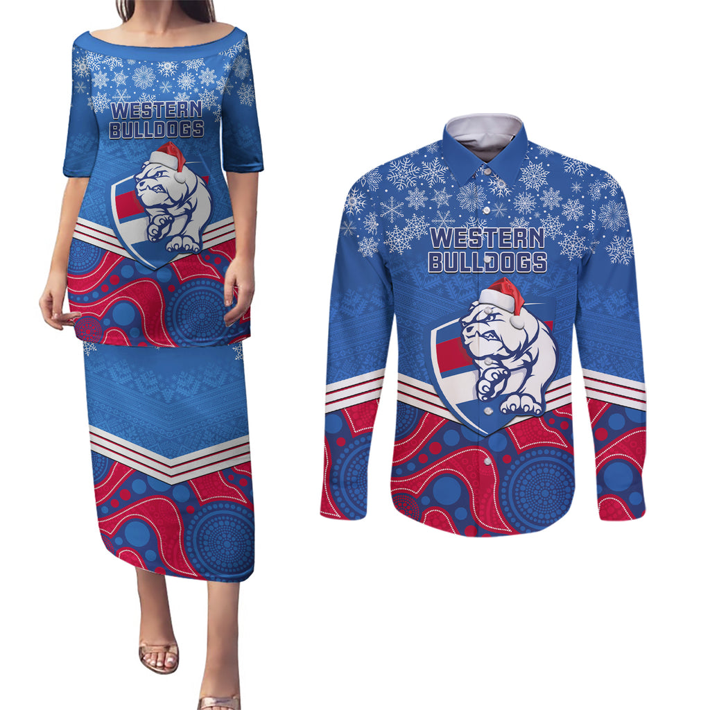 custom-bulldogs-football-christmas-couples-matching-puletasi-dress-and-long-sleeve-button-shirt-merry-xmas-2023-mix-aboriginal-art