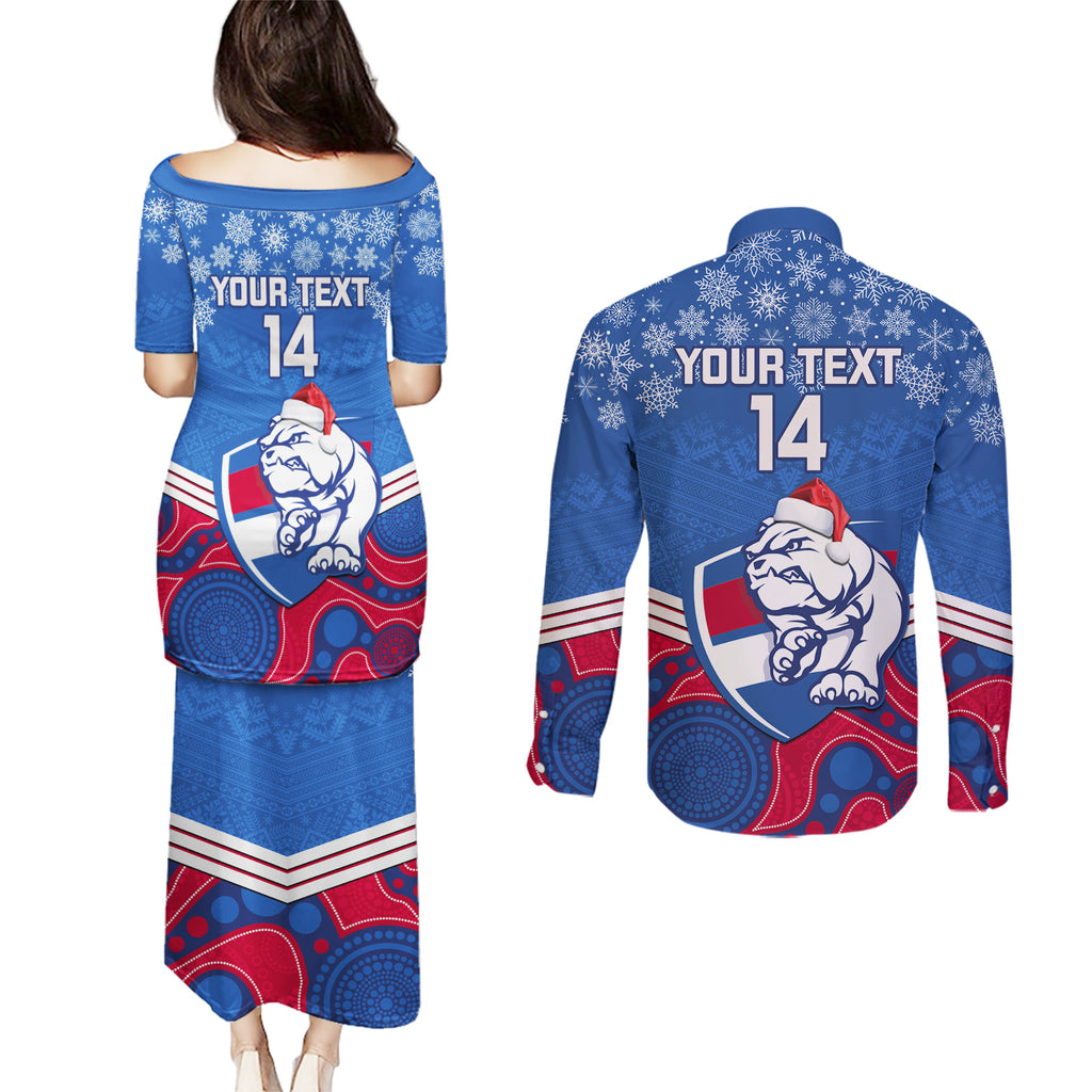 custom-bulldogs-football-christmas-couples-matching-puletasi-dress-and-long-sleeve-button-shirt-merry-xmas-2023-mix-aboriginal-art