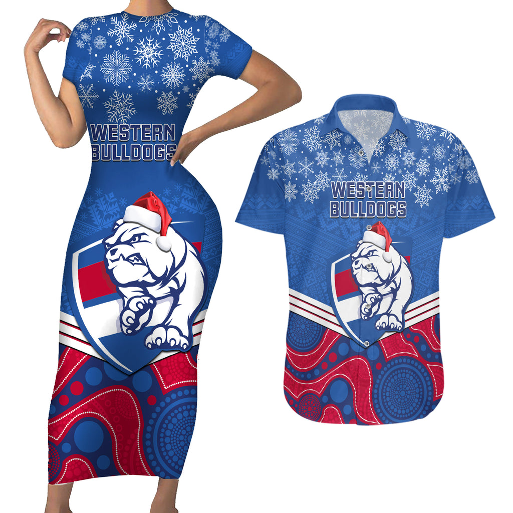 custom-bulldogs-football-christmas-couples-matching-short-sleeve-bodycon-dress-and-hawaiian-shirt-merry-xmas-2023-mix-aboriginal-art