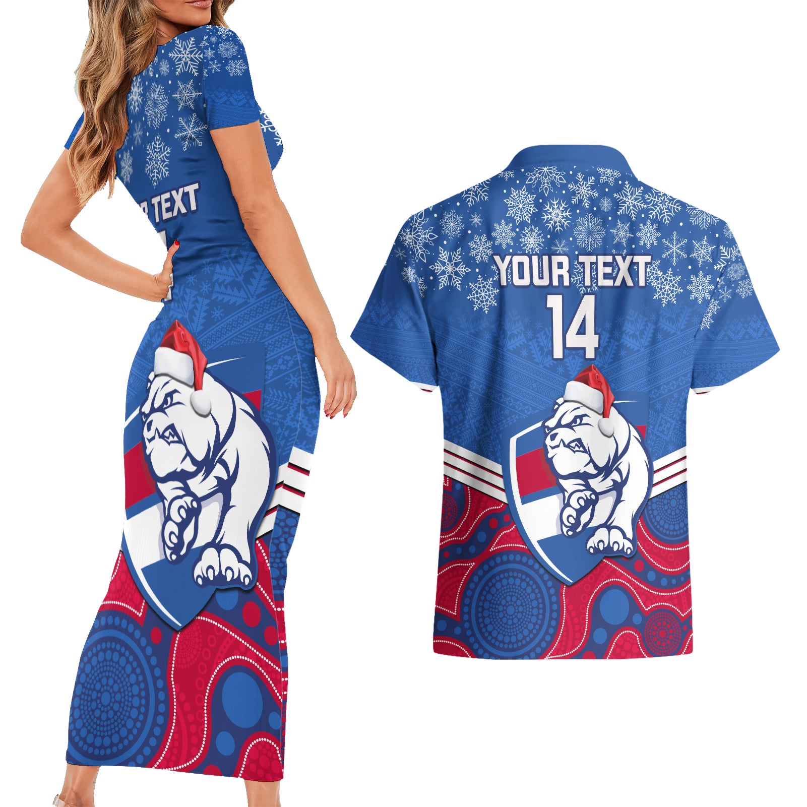 custom-bulldogs-football-christmas-couples-matching-short-sleeve-bodycon-dress-and-hawaiian-shirt-merry-xmas-2023-mix-aboriginal-art