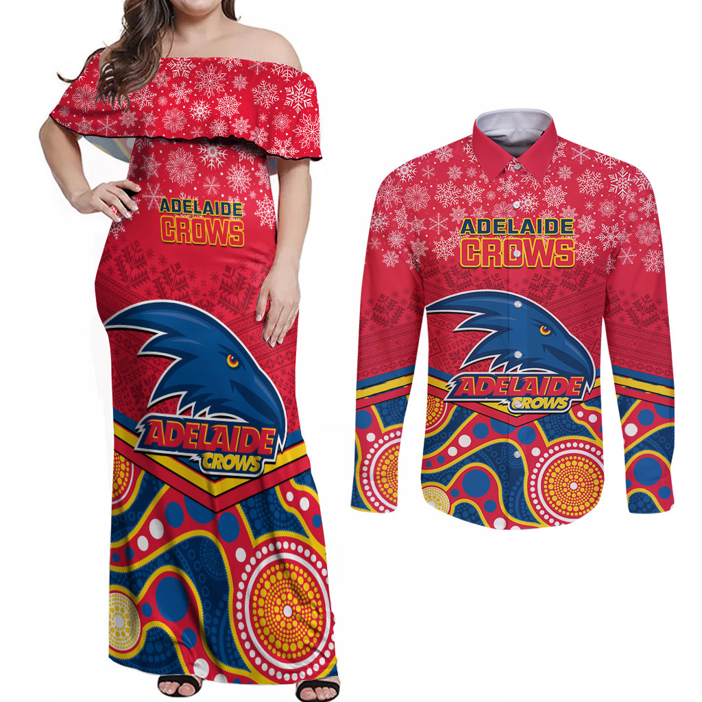 custom-adelaide-crows-football-christmas-couples-matching-off-shoulder-maxi-dress-and-long-sleeve-button-shirt-merry-xmas-2023-mix-aboriginal-art