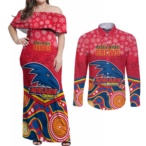 custom-adelaide-crows-football-christmas-couples-matching-off-shoulder-maxi-dress-and-long-sleeve-button-shirt-merry-xmas-2023-mix-aboriginal-art