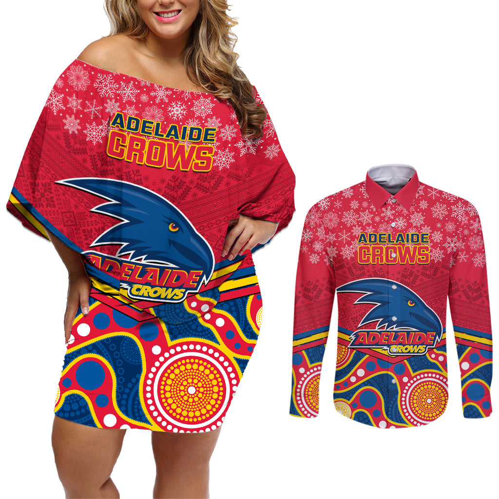custom-adelaide-crows-football-christmas-couples-matching-off-shoulder-short-dress-and-long-sleeve-button-shirt-merry-xmas-2023-mix-aboriginal-art