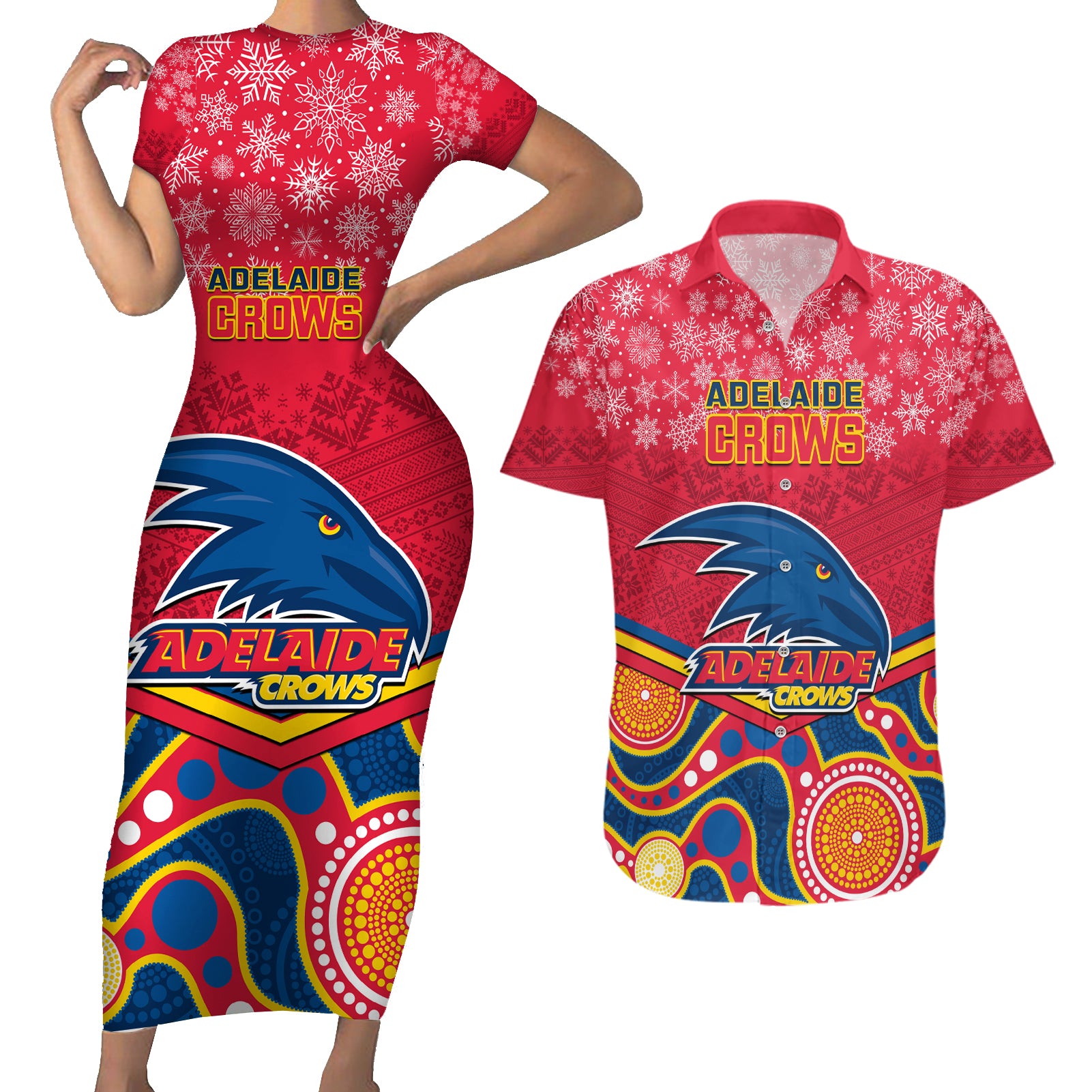 custom-adelaide-crows-football-christmas-couples-matching-short-sleeve-bodycon-dress-and-hawaiian-shirt-merry-xmas-2023-mix-aboriginal-art