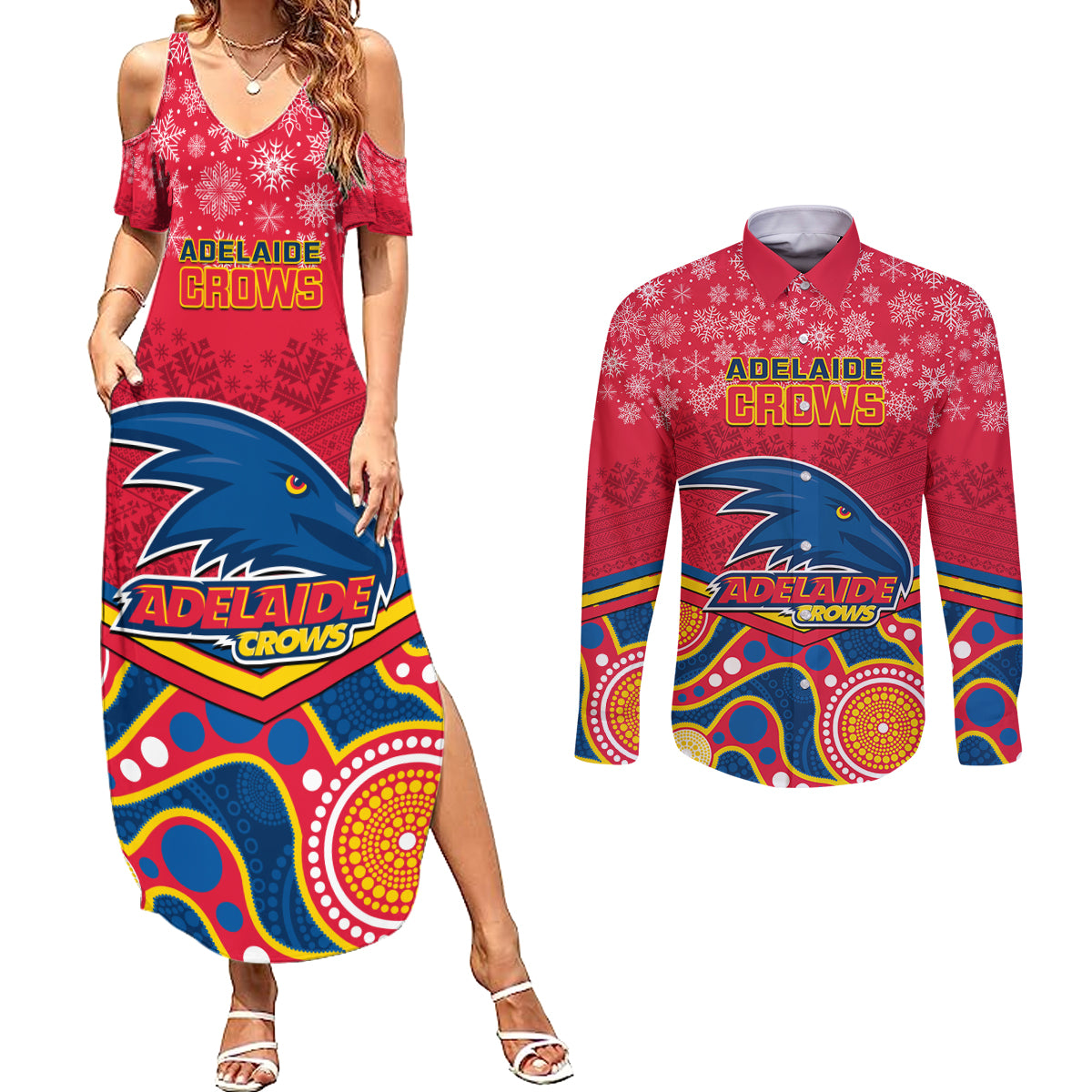 custom-adelaide-crows-football-christmas-couples-matching-summer-maxi-dress-and-long-sleeve-button-shirt-merry-xmas-2023-mix-aboriginal-art