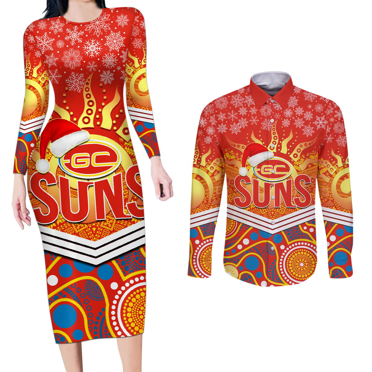 custom-suns-football-christmas-couples-matching-long-sleeve-bodycon-dress-and-long-sleeve-button-shirt-merry-xmas-2023-mix-aboriginal-art