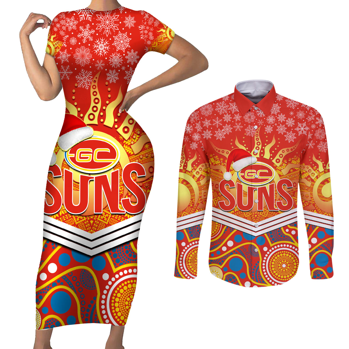 custom-suns-football-christmas-couples-matching-short-sleeve-bodycon-dress-and-long-sleeve-button-shirt-merry-xmas-2023-mix-aboriginal-art