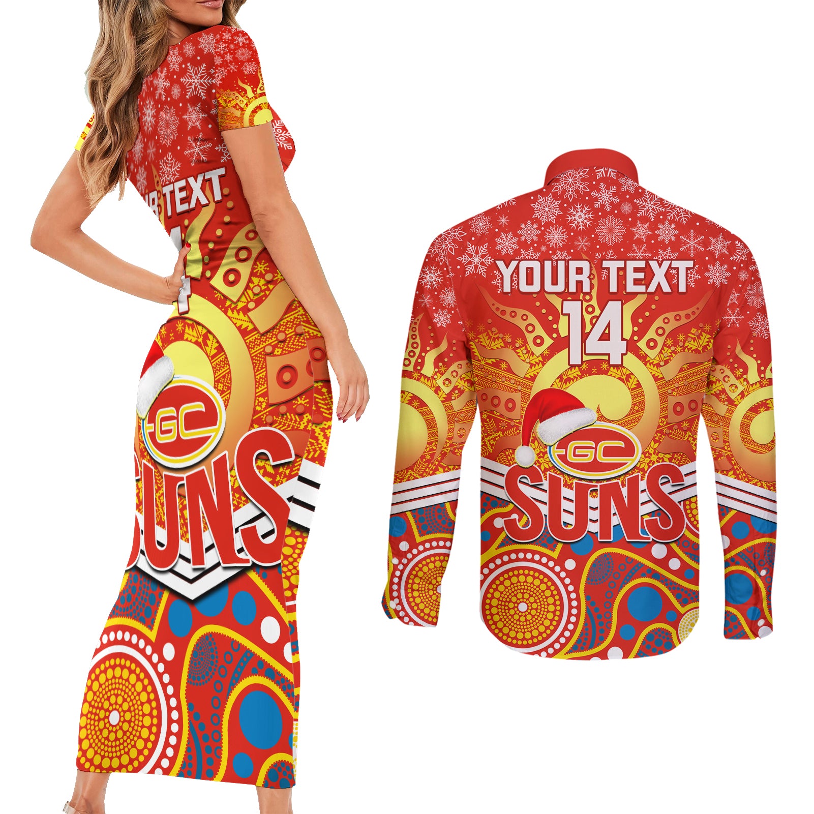 custom-suns-football-christmas-couples-matching-short-sleeve-bodycon-dress-and-long-sleeve-button-shirt-merry-xmas-2023-mix-aboriginal-art