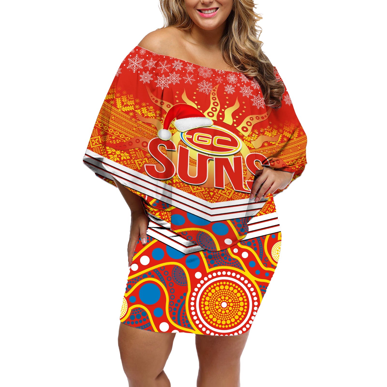 custom-suns-football-christmas-off-shoulder-short-dress-merry-xmas-2023-mix-aboriginal-art