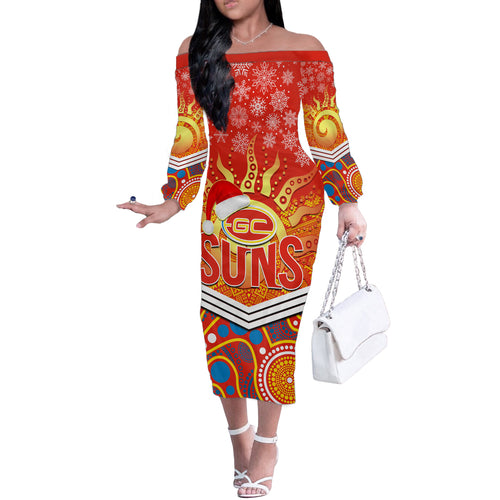 custom-suns-football-christmas-off-the-shoulder-long-sleeve-dress-merry-xmas-2023-mix-aboriginal-art