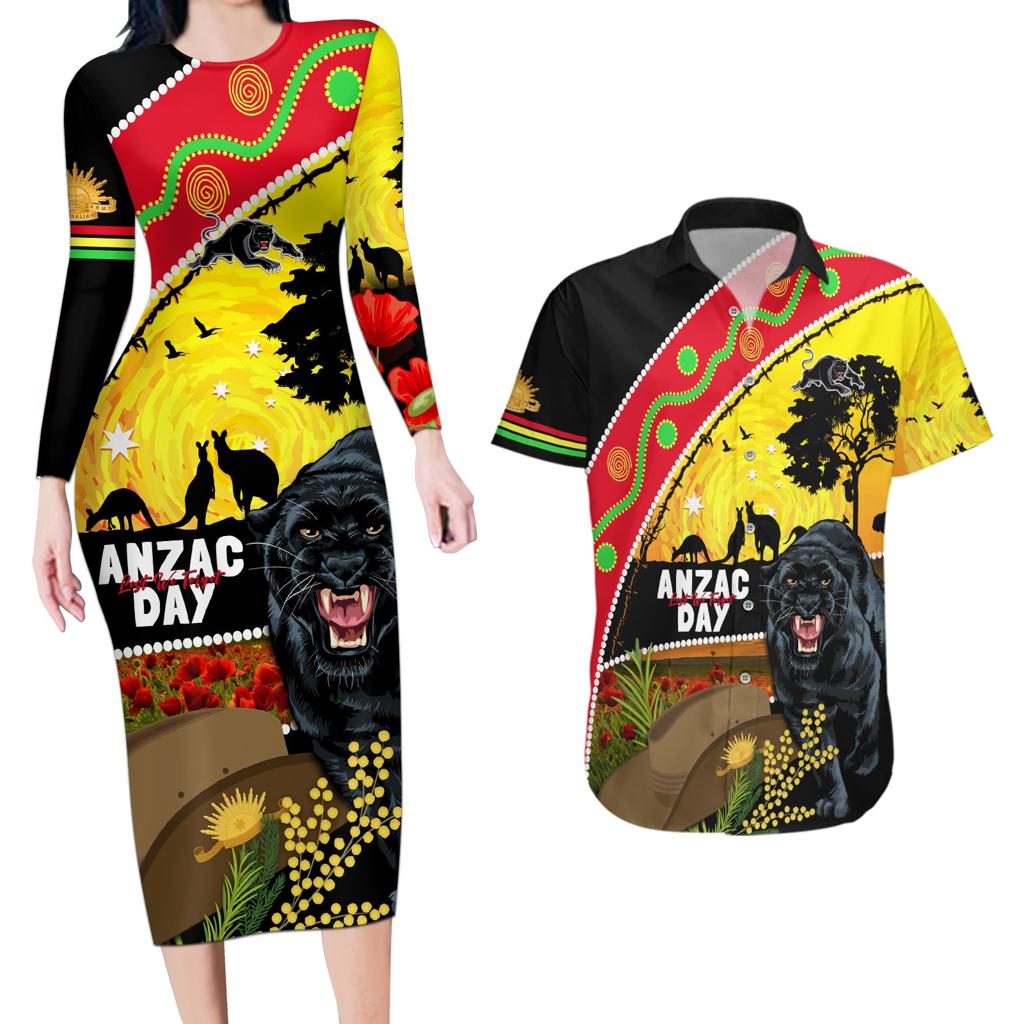 Panthers ANZAC Day Couples Matching Long Sleeve Bodycon Dress and Hawaiian Shirt Pennies Mascot Rosemary Starring Night Style