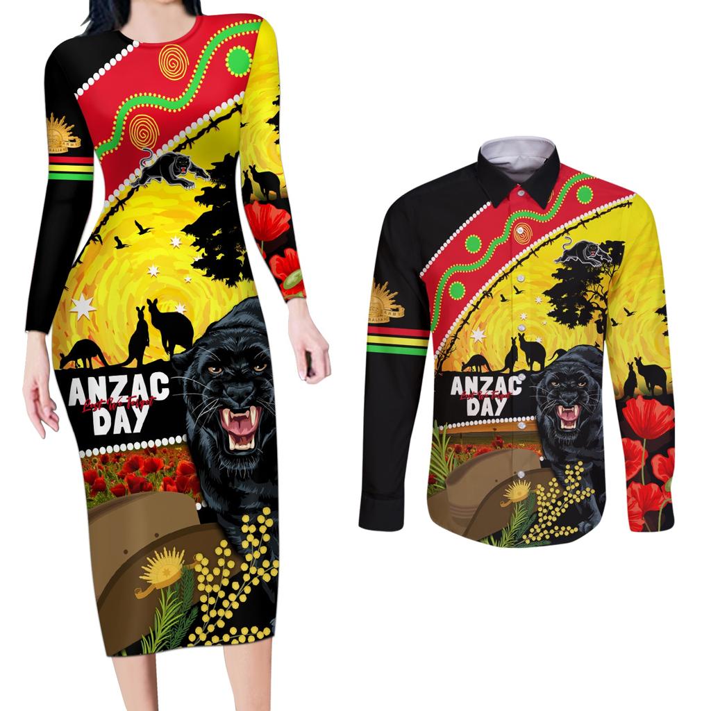 Panthers ANZAC Day Couples Matching Long Sleeve Bodycon Dress and Long Sleeve Button Shirt Pennies Mascot Rosemary Starring Night Style