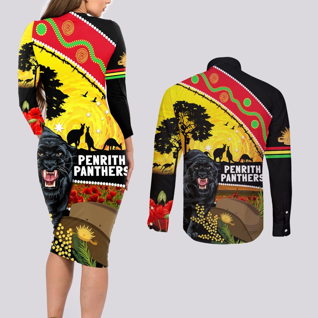 Panthers ANZAC Day Couples Matching Long Sleeve Bodycon Dress and Long Sleeve Button Shirt Pennies Mascot Rosemary Starring Night Style