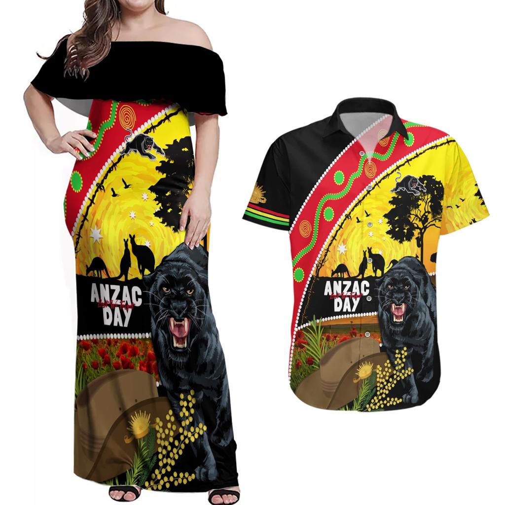 Panthers ANZAC Day Couples Matching Off Shoulder Maxi Dress and Hawaiian Shirt Pennies Mascot Rosemary Starring Night Style