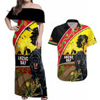 Panthers ANZAC Day Couples Matching Off Shoulder Maxi Dress and Hawaiian Shirt Pennies Mascot Rosemary Starring Night Style