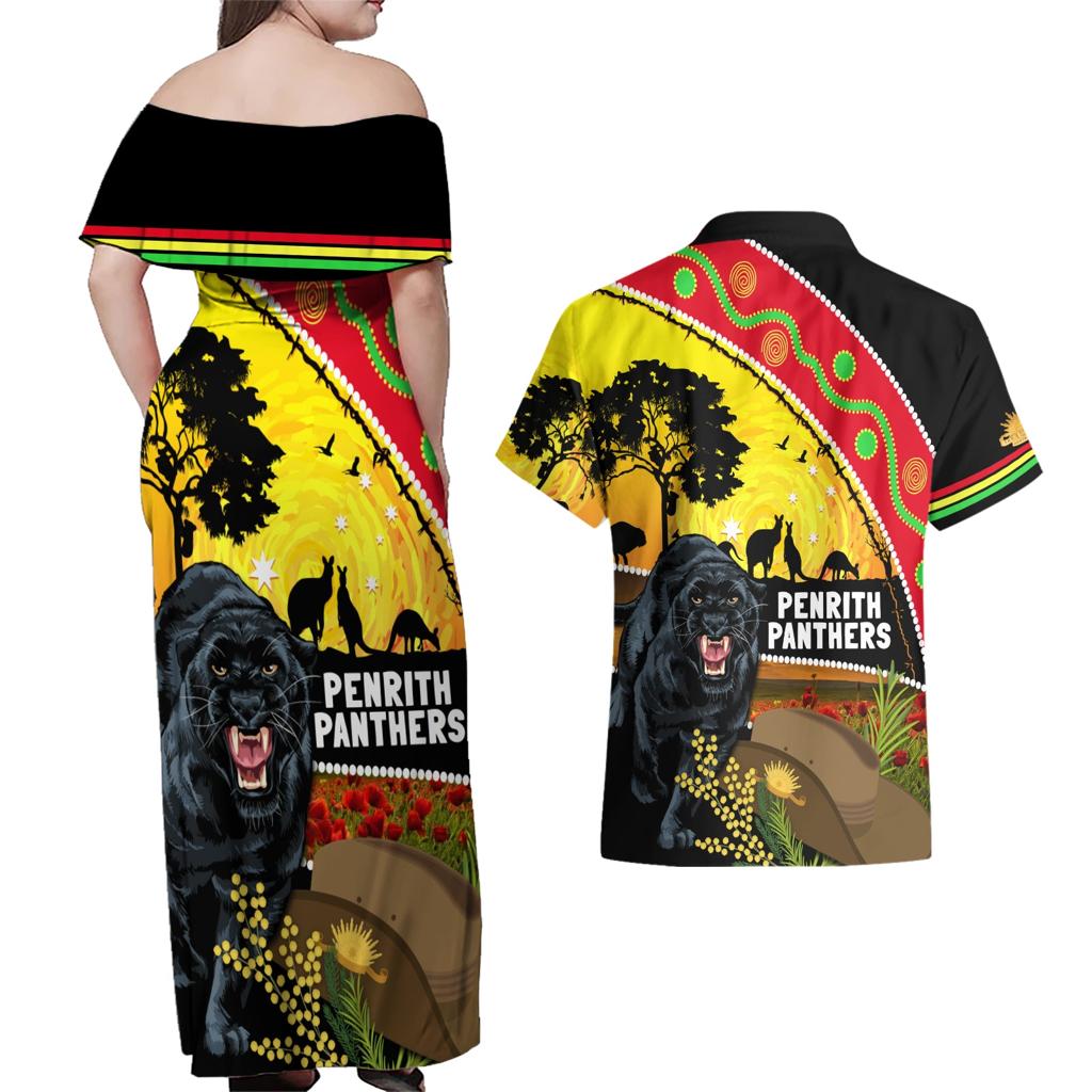 Panthers ANZAC Day Couples Matching Off Shoulder Maxi Dress and Hawaiian Shirt Pennies Mascot Rosemary Starring Night Style