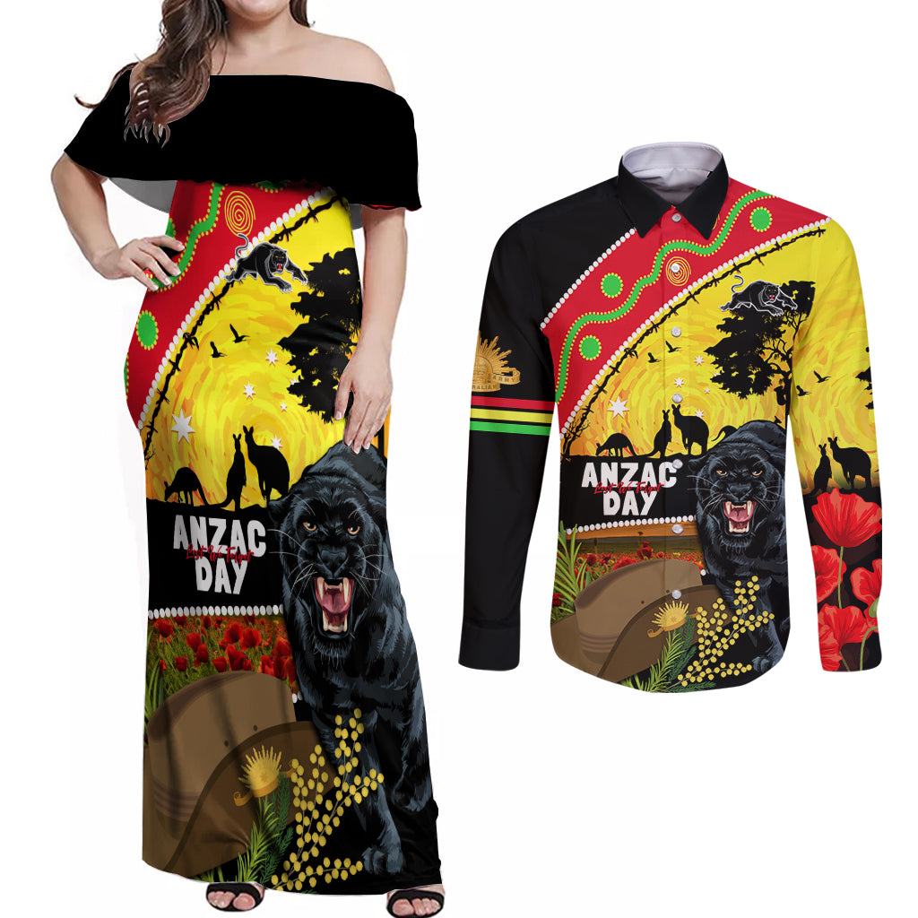 Panthers ANZAC Day Couples Matching Off Shoulder Maxi Dress and Long Sleeve Button Shirt Pennies Mascot Rosemary Starring Night Style