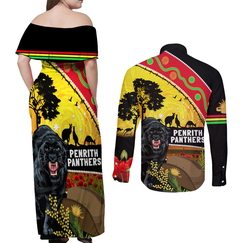 Panthers ANZAC Day Couples Matching Off Shoulder Maxi Dress and Long Sleeve Button Shirt Pennies Mascot Rosemary Starring Night Style