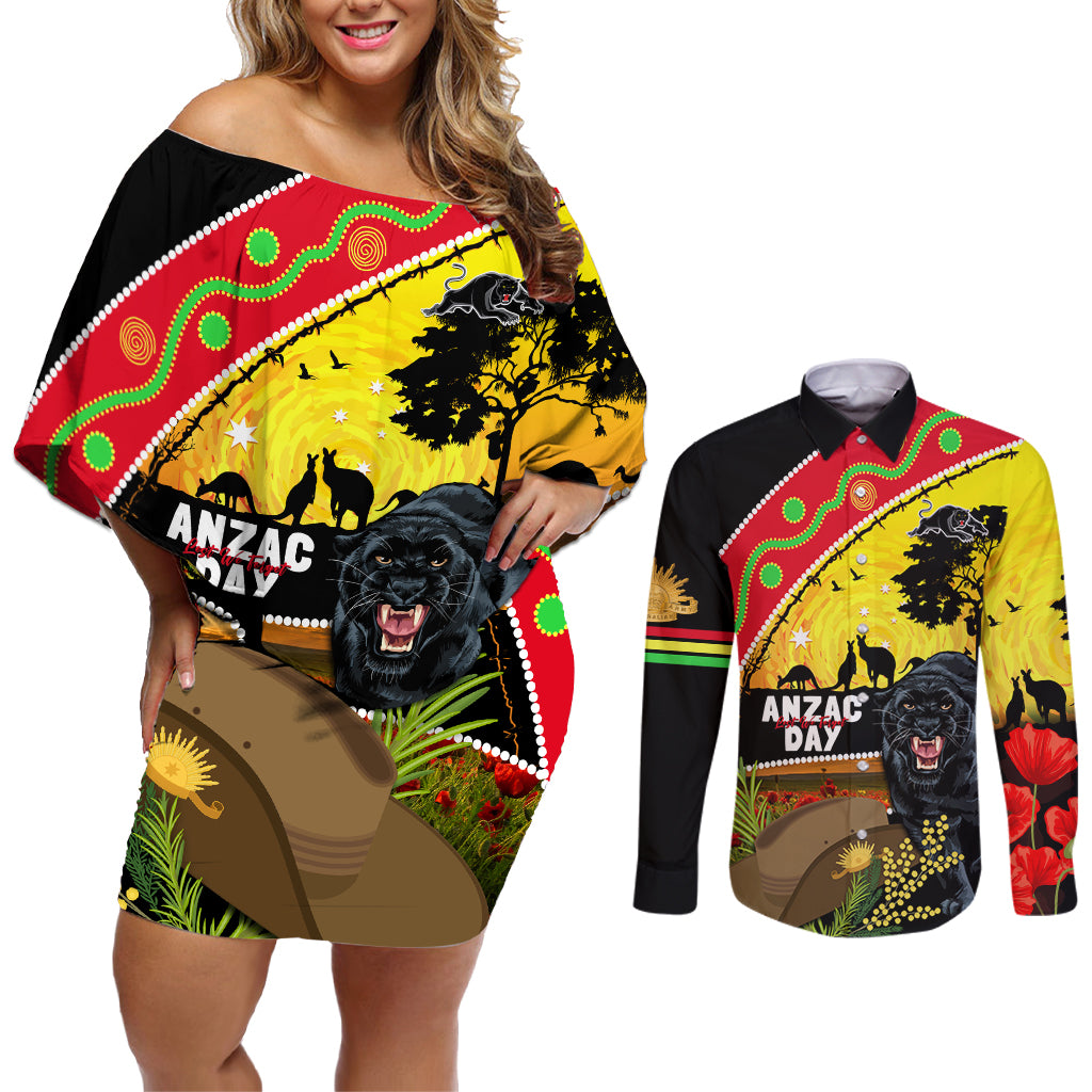 Panthers ANZAC Day Couples Matching Off Shoulder Short Dress and Long Sleeve Button Shirt Pennies Mascot Rosemary Starring Night Style