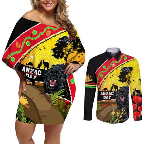 Panthers ANZAC Day Couples Matching Off Shoulder Short Dress and Long Sleeve Button Shirt Pennies Mascot Rosemary Starring Night Style