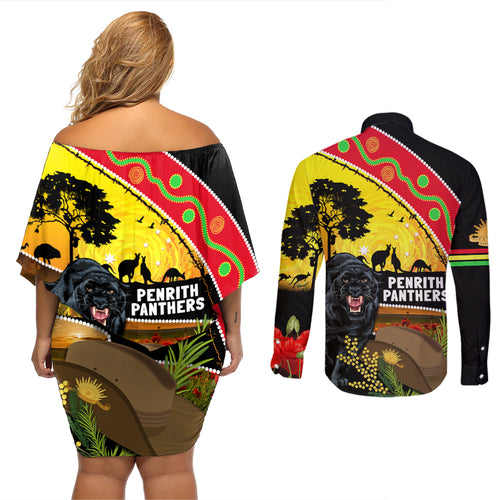 Panthers ANZAC Day Couples Matching Off Shoulder Short Dress and Long Sleeve Button Shirt Pennies Mascot Rosemary Starring Night Style