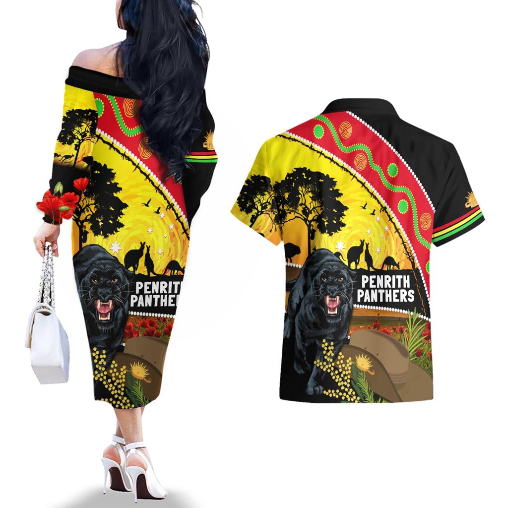 Panthers ANZAC Day Couples Matching Off The Shoulder Long Sleeve Dress and Hawaiian Shirt Pennies Mascot Rosemary Starring Night Style