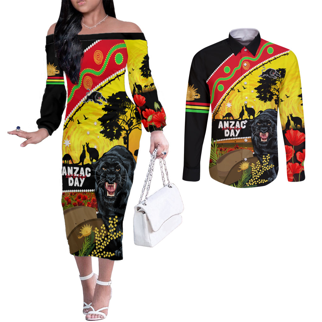 Panthers ANZAC Day Couples Matching Off The Shoulder Long Sleeve Dress and Long Sleeve Button Shirt Pennies Mascot Rosemary Starring Night Style