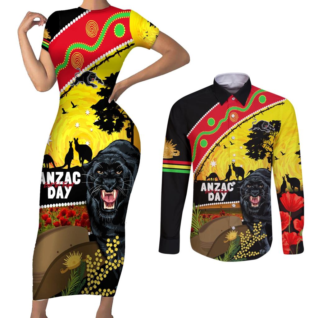 Panthers ANZAC Day Couples Matching Short Sleeve Bodycon Dress and Long Sleeve Button Shirt Pennies Mascot Rosemary Starring Night Style