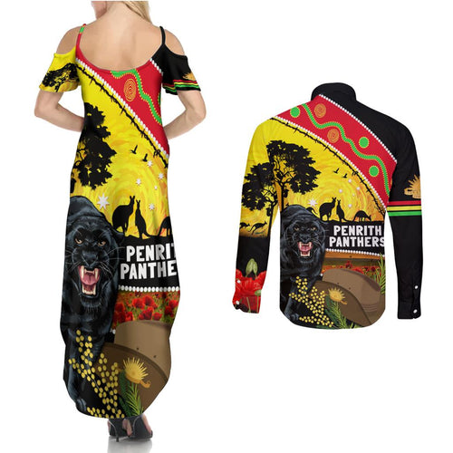 Panthers ANZAC Day Couples Matching Summer Maxi Dress and Long Sleeve Button Shirt Pennies Mascot Rosemary Starring Night Style
