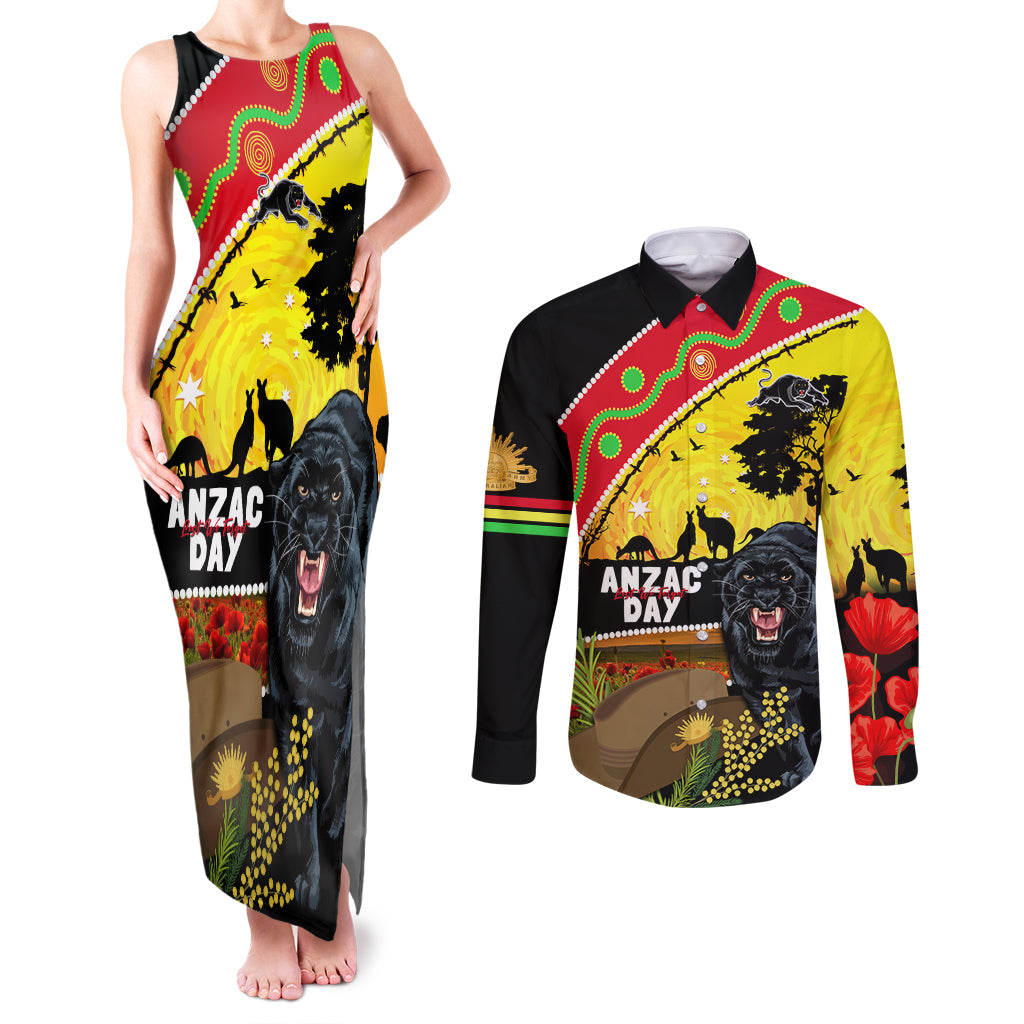 Panthers ANZAC Day Couples Matching Tank Maxi Dress and Long Sleeve Button Shirt Pennies Mascot Rosemary Starring Night Style