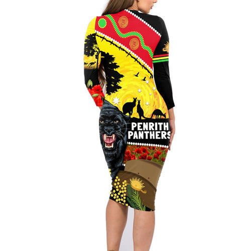 Panthers ANZAC Day Family Matching Long Sleeve Bodycon Dress and Hawaiian Shirt Pennies Mascot Rosemary Starring Night Style