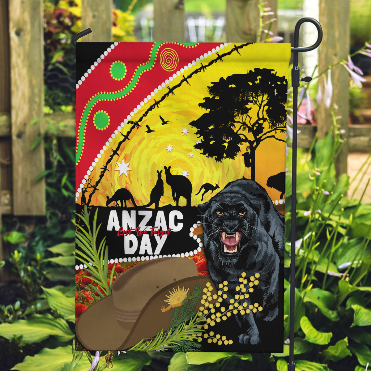Panthers ANZAC Day Garden Flag Pennies Mascot Rosemary Starring Night Style